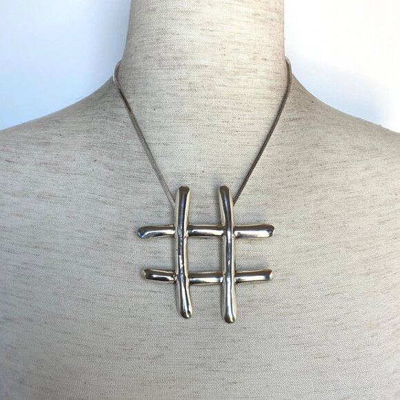 Sterling Silver 925 Large Hashtag Pound Symbol Brooch Pendant Necklace FLAW 17" - Picture 2 of 16